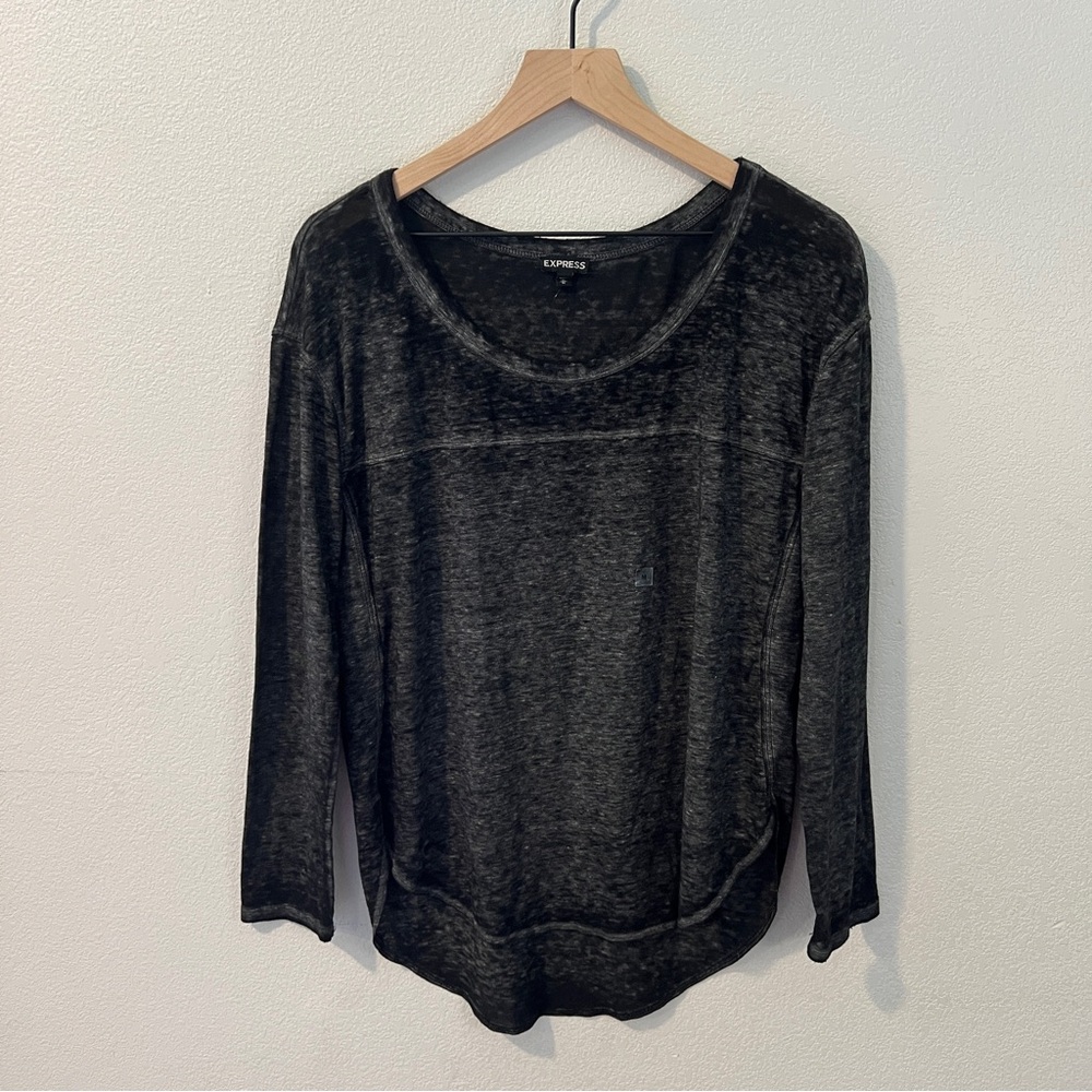 Express Charcoal Long‎ Sleeve Women High Low Top Grunge Distressed Relaxed Fit M